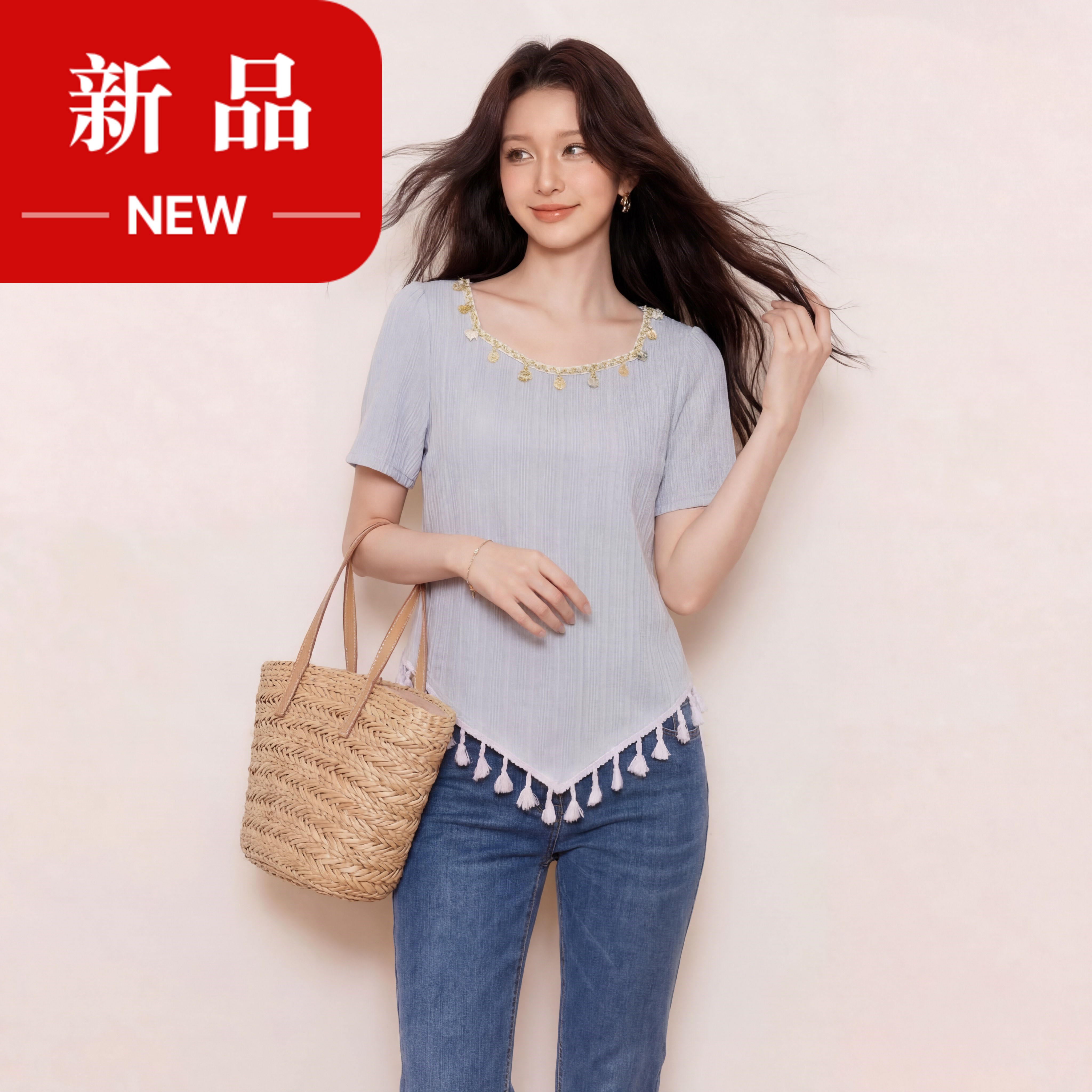 奢姿大码女装2026夏季时尚肌理方领针织衫胖妹妹不规则流苏上衣9962136052