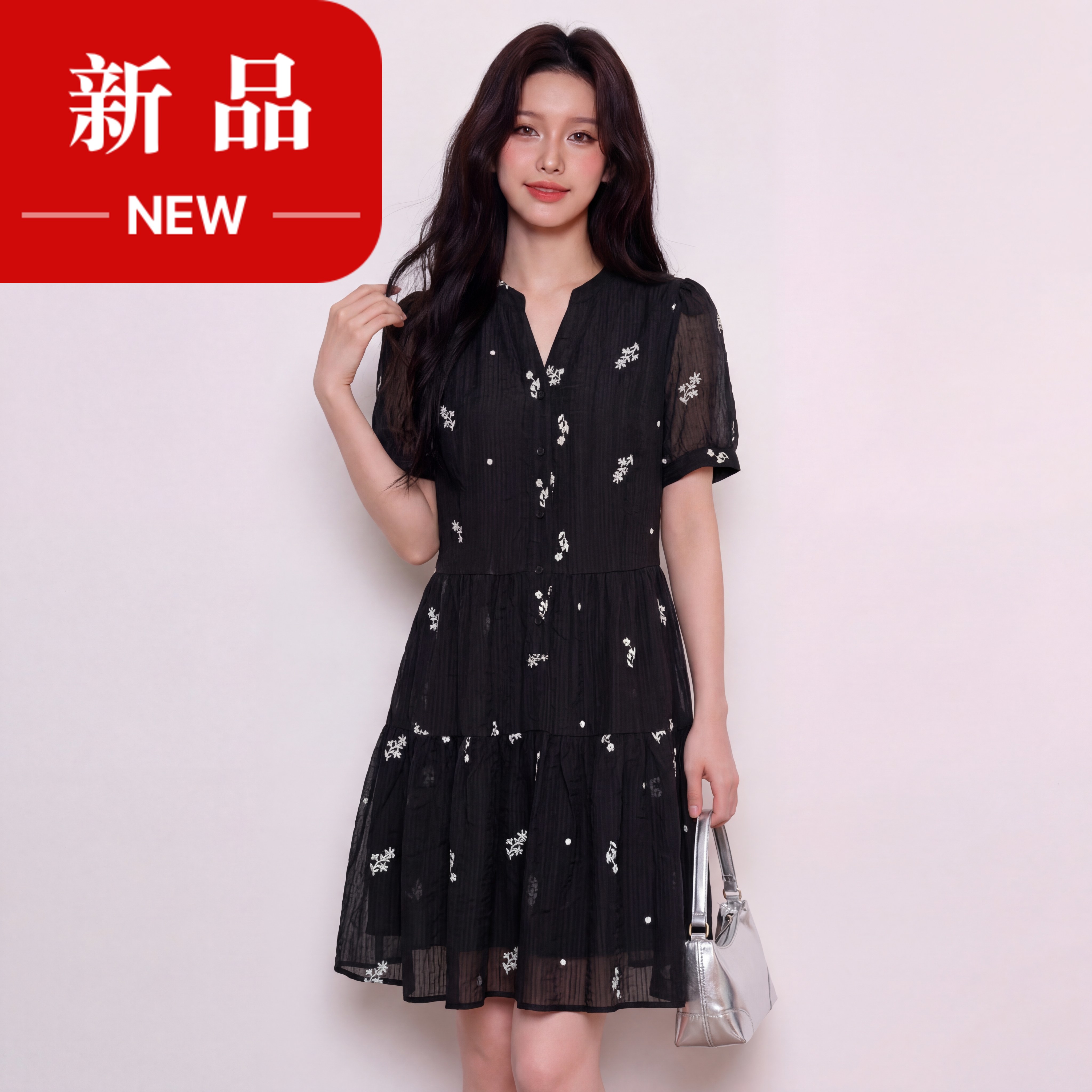 奢姿大码女装2026夏季减龄刺绣半开V领连衣裙胖妹妹时尚气质裙子9962854731