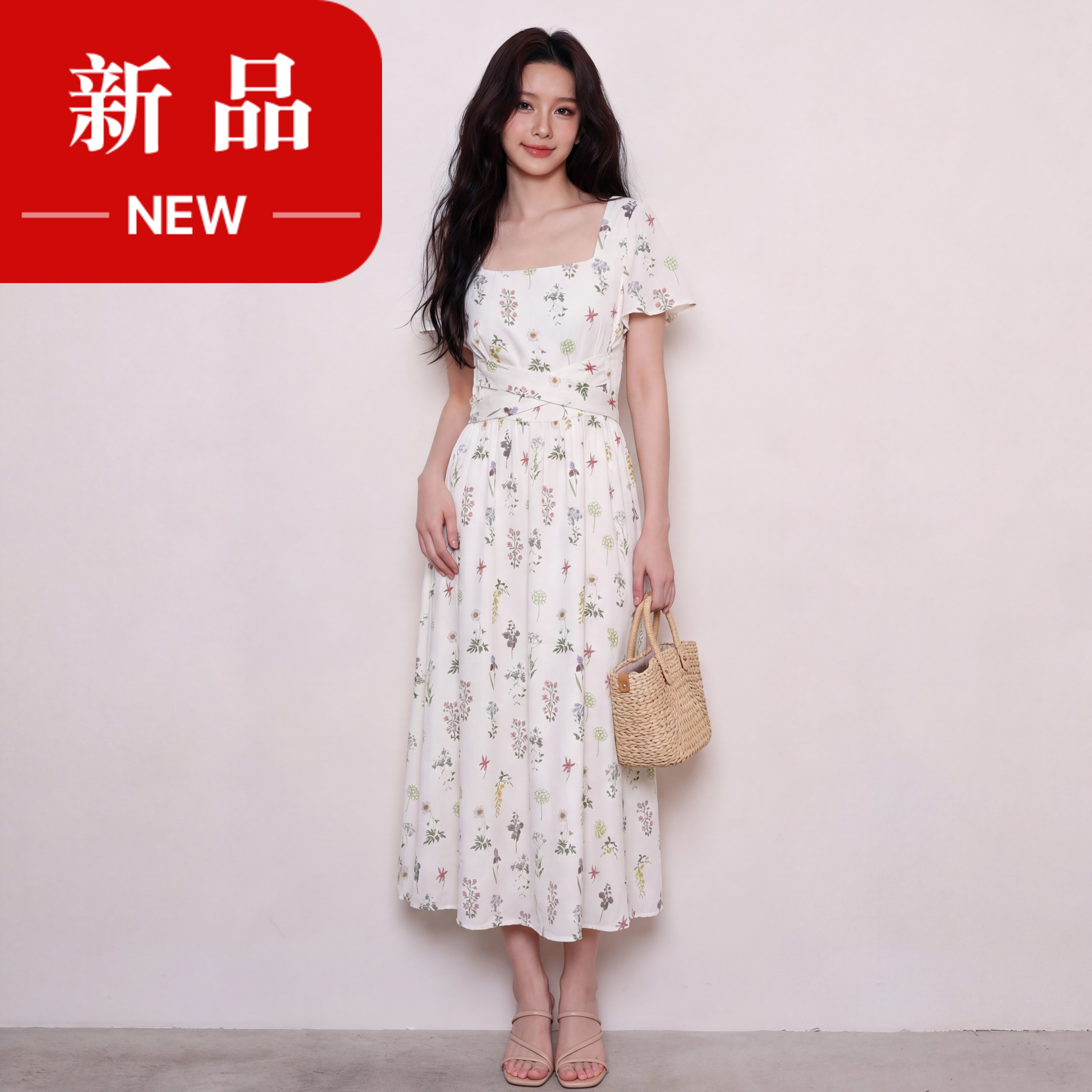 奢姿大码女装2026夏季减龄碎花方领连衣裙胖妹妹甜美风时尚裙子9962860143