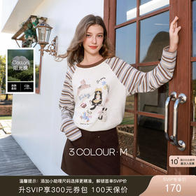 三彩2026春季新款条纹插肩袖宽松卡通印花T恤上衣套头衫休闲M