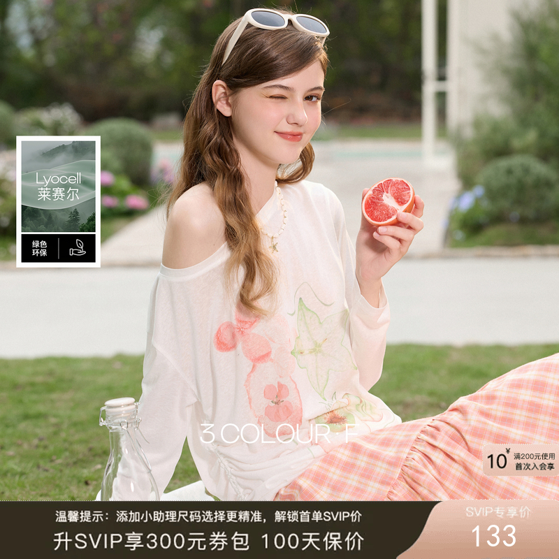 【莱赛尔】三彩独醒2026春季新款印花T恤一字领长袖罩衫宽松F