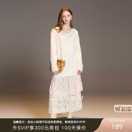 三彩2025冬季新款V领针织连衣裙长袖宽松假两件蕾丝裙M 商品图0