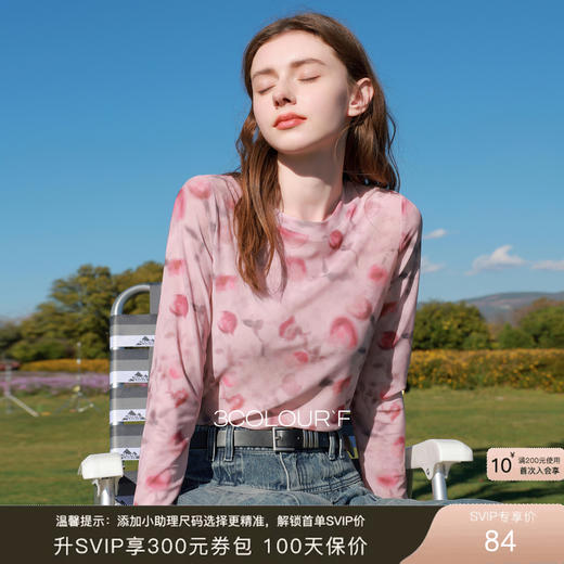 三彩2026春季新款网纱印花T恤圆领正肩长袖上衣内搭修身甜酷F 商品图0