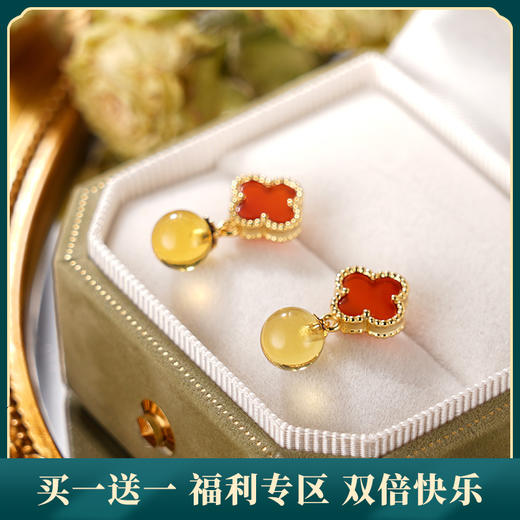 子佩集S925银【晨华】耳钉【DSE704】纯银琥珀蓝珀镀金四叶草2405 商品图0