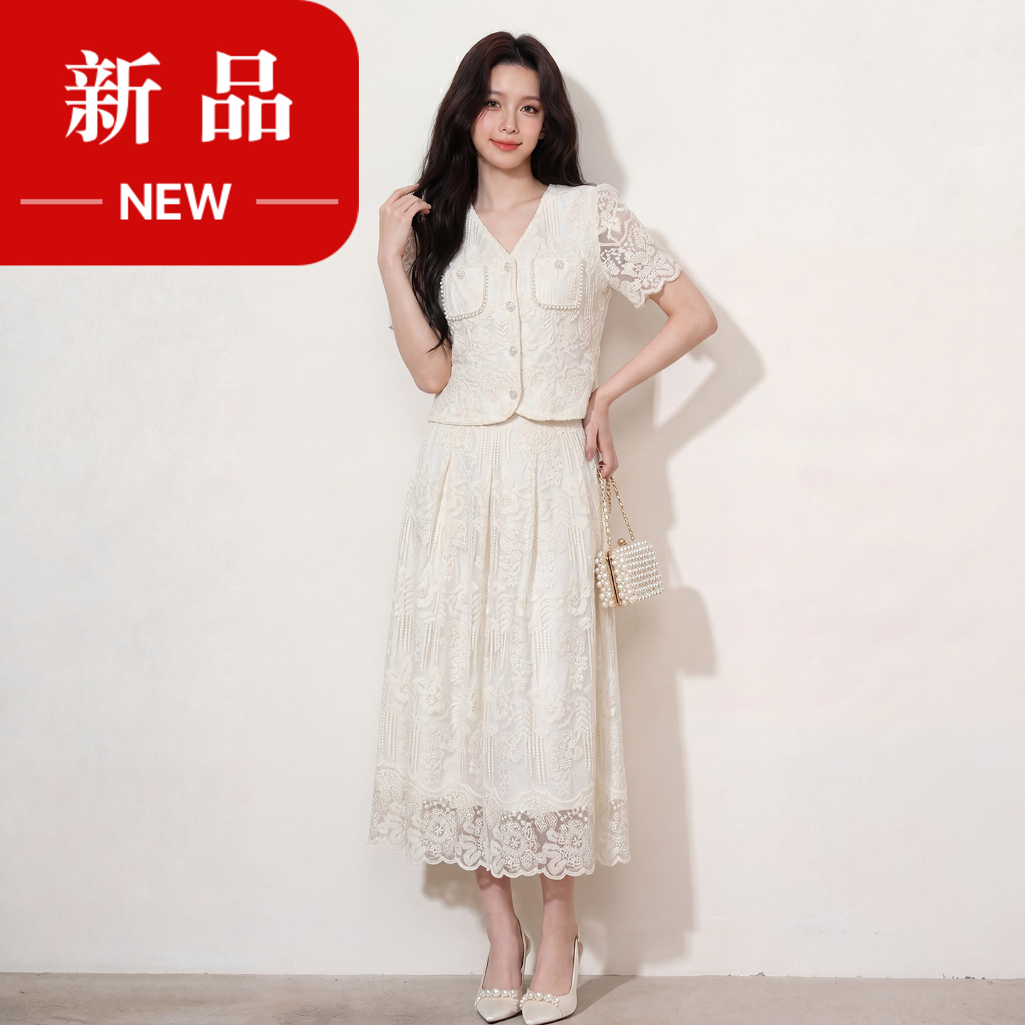 奢姿大码2026夏季重工蕾丝刺绣小香风两件套胖妹妹遮肉气质套装9962960128