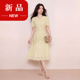 奢姿大码女装2026新款夏款黄色蕾丝花朵镂空气质时尚V领连衣裙9962872086