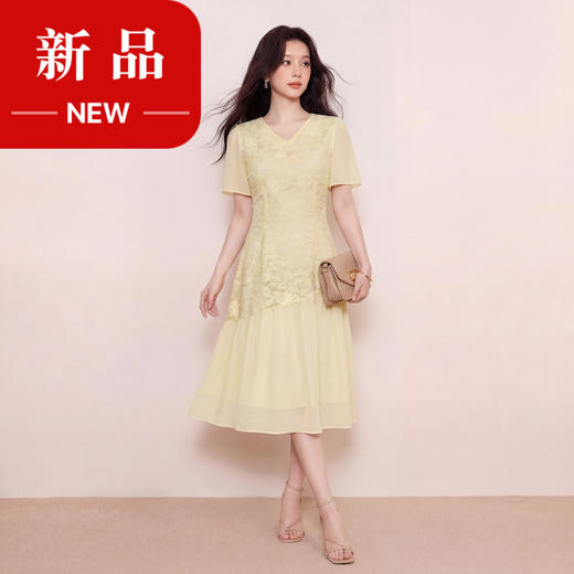 奢姿大码女装2026新款夏款黄色蕾丝花朵镂空气质时尚V领连衣裙9962872086 商品图0