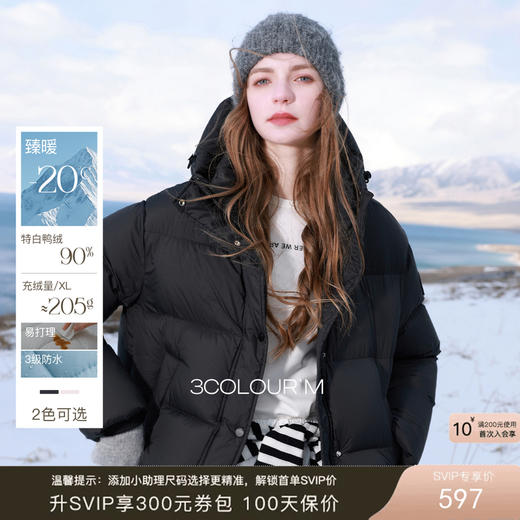 【防水易打理】三彩2025冬季新款连帽羽绒服90白鸭绒面包服M 商品图0