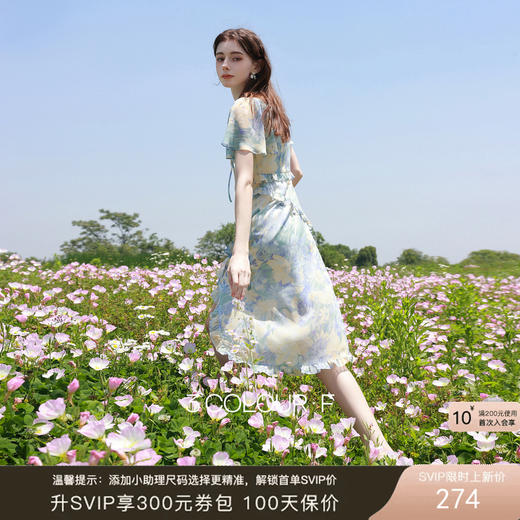 三彩独醒2026夏季新款荷叶边印花雪纺裙连衣裙度假风长裙F 商品图0