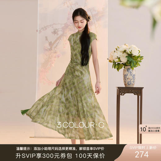 【青岚入梦】三彩2026夏季新款立领网纱印花连衣裙新中式A字长裙C 商品图0