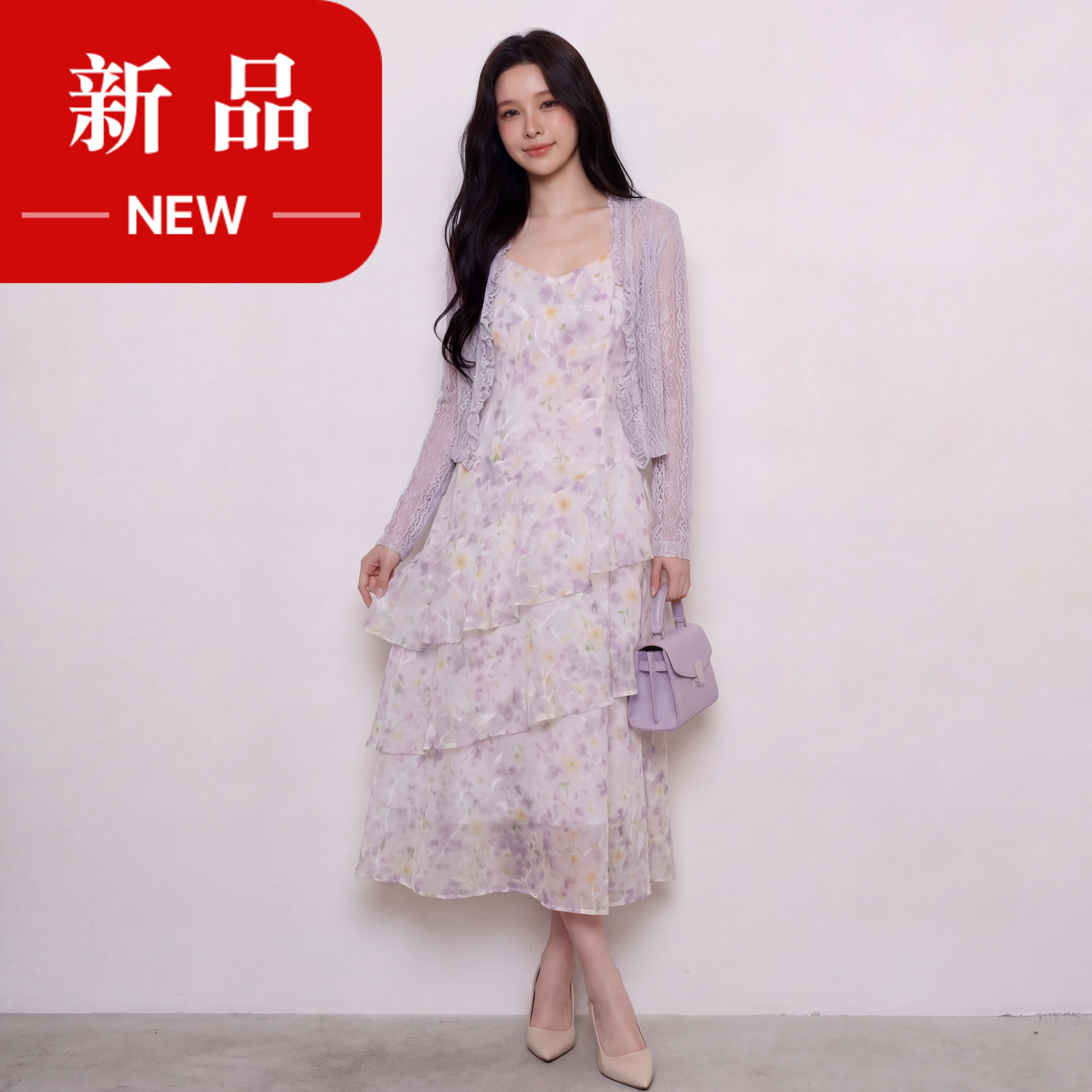 奢姿大码女装2026夏季减龄碎花荷叶边两件套胖妹妹蛋糕连衣裙套装9962960107