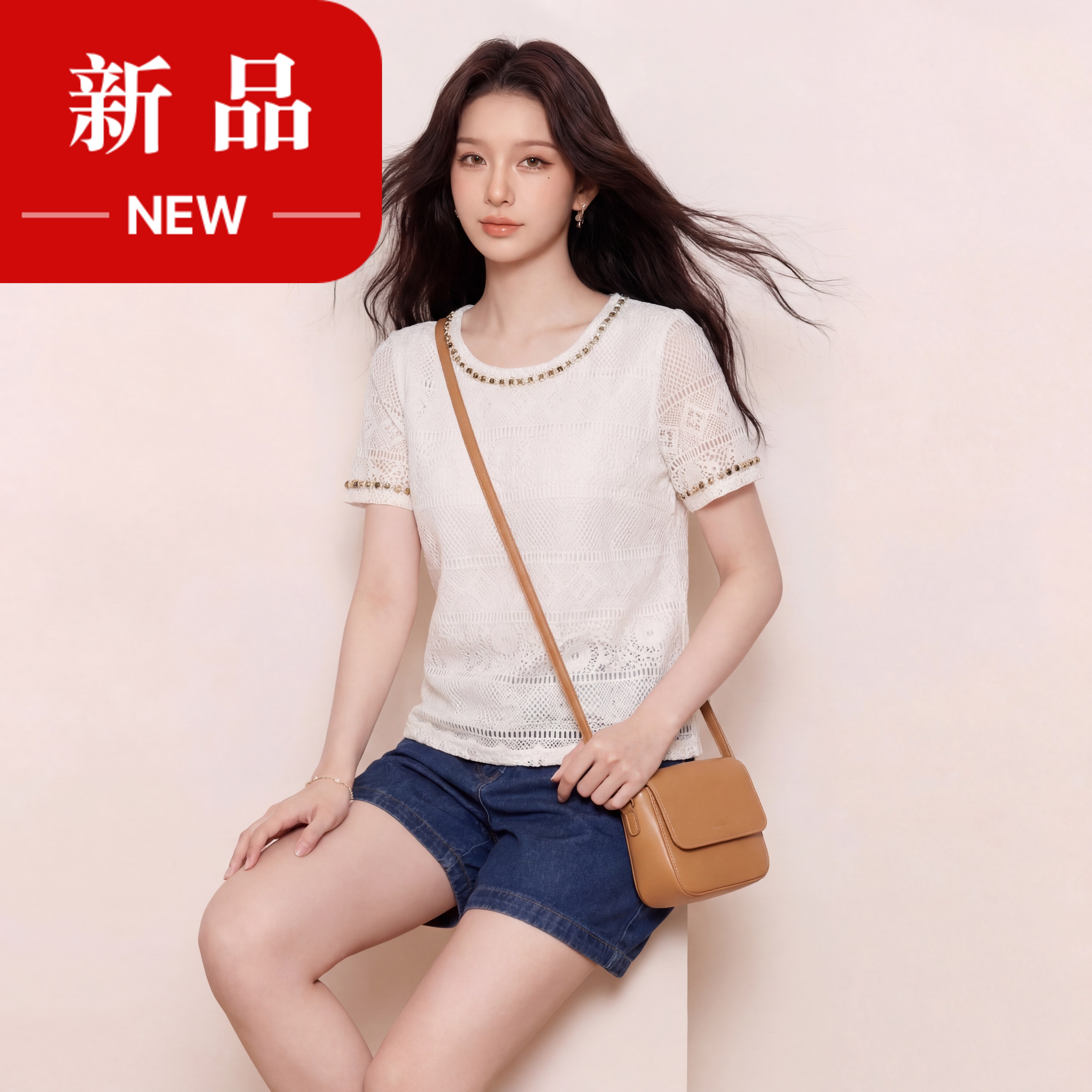 奢姿大码女装2026夏季镂空蕾丝气质上衣胖妹妹串珠圆领时尚T恤9962254600