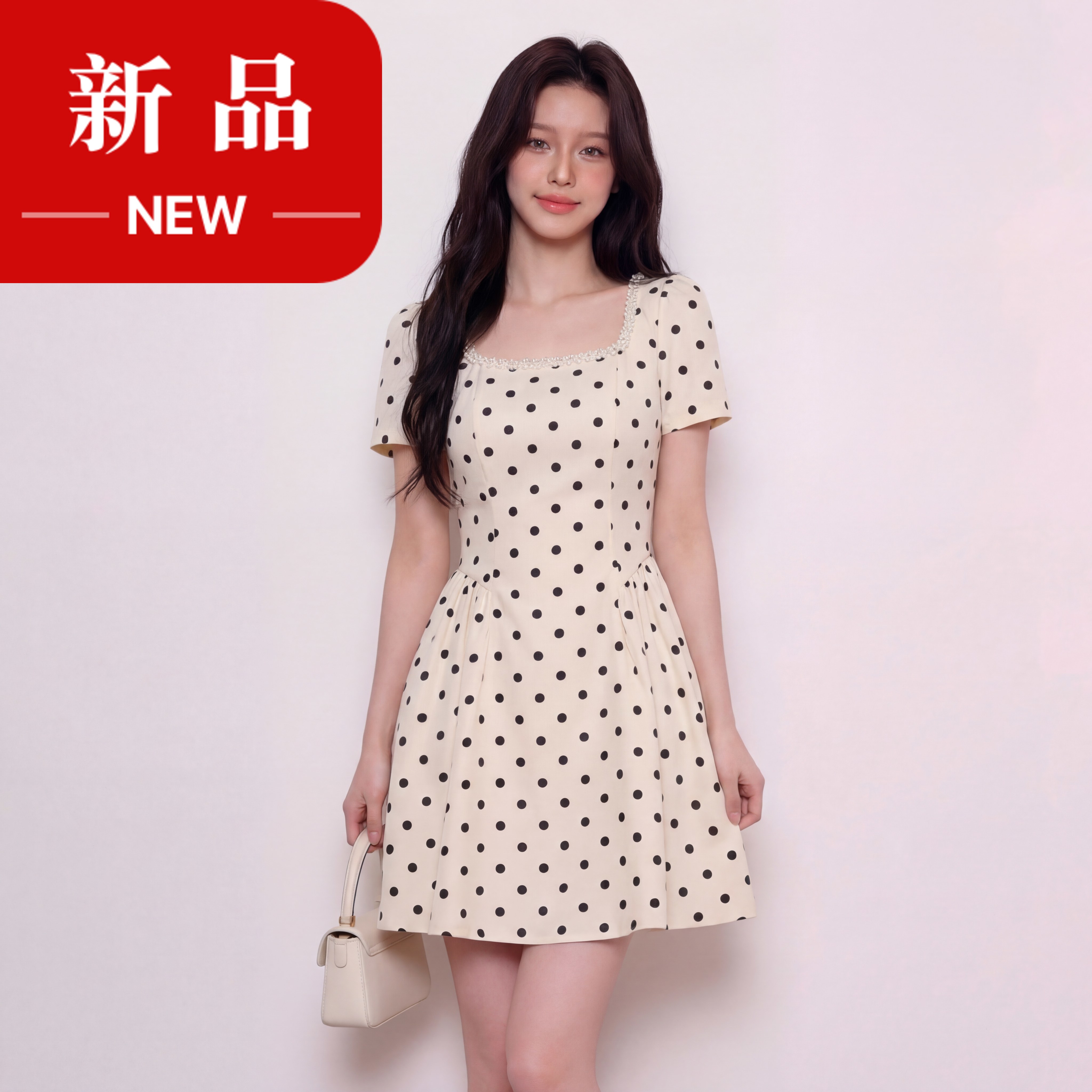 奢姿大码女装2026夏季减龄波点设计方领连衣裙胖妹妹钉珠时尚裙子9962860117