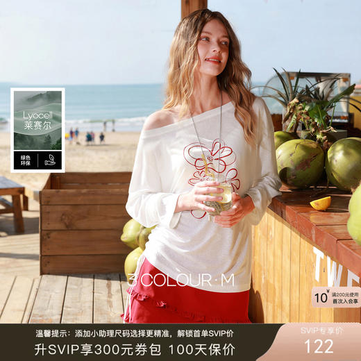 【莱赛尔】三彩2026夏季新款休闲花朵印花绣花T恤圆领套头罩衫M 商品图0