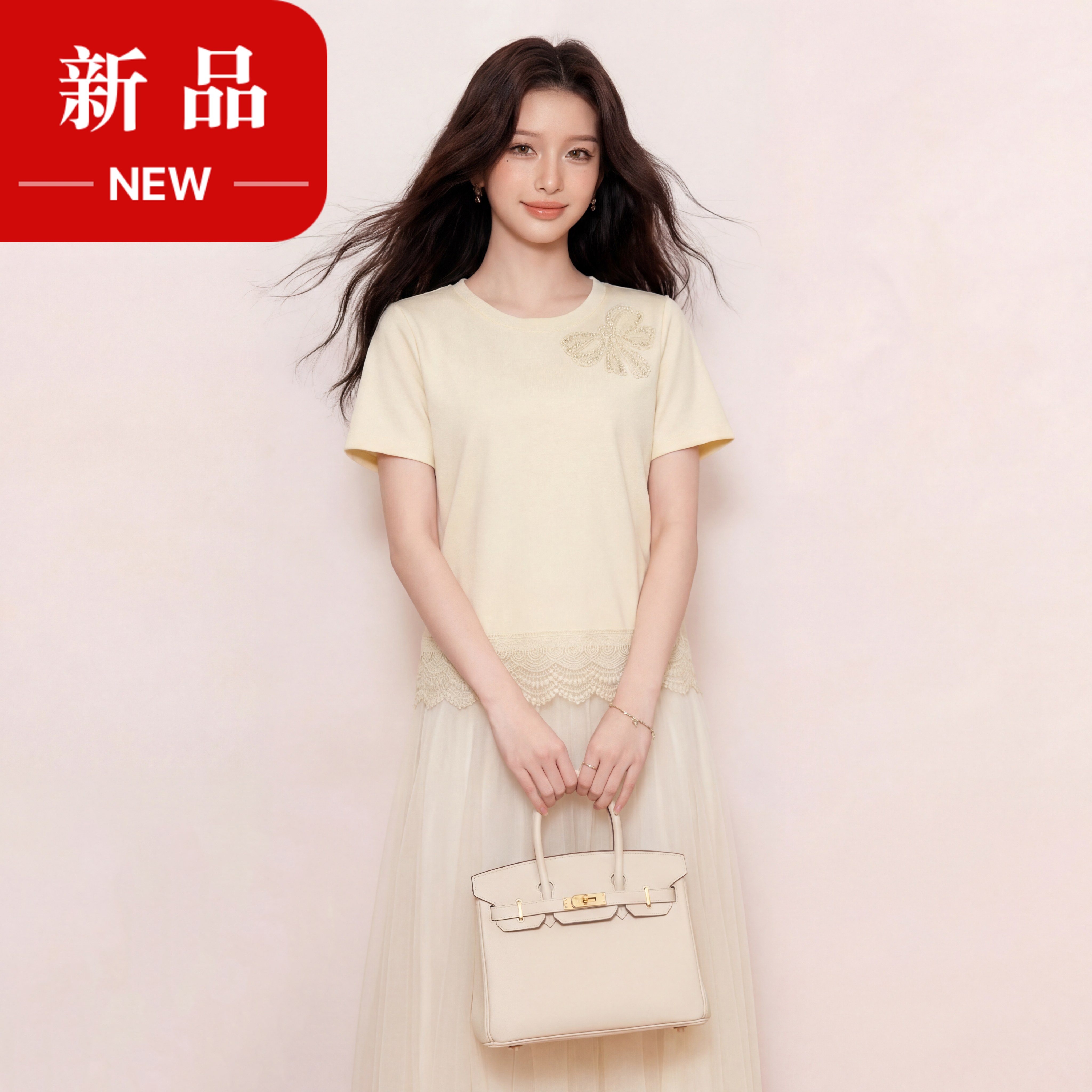 奢姿大码女装2026夏季减龄蝴蝶结钉珠上衣胖妹妹花边圆领时尚T恤9962194585