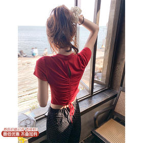 <曾小咸推荐>现货秒杀！微信超特价！设计感2色短款后背系带短袖T恤 日常89.99 立减50 秒杀39.99！