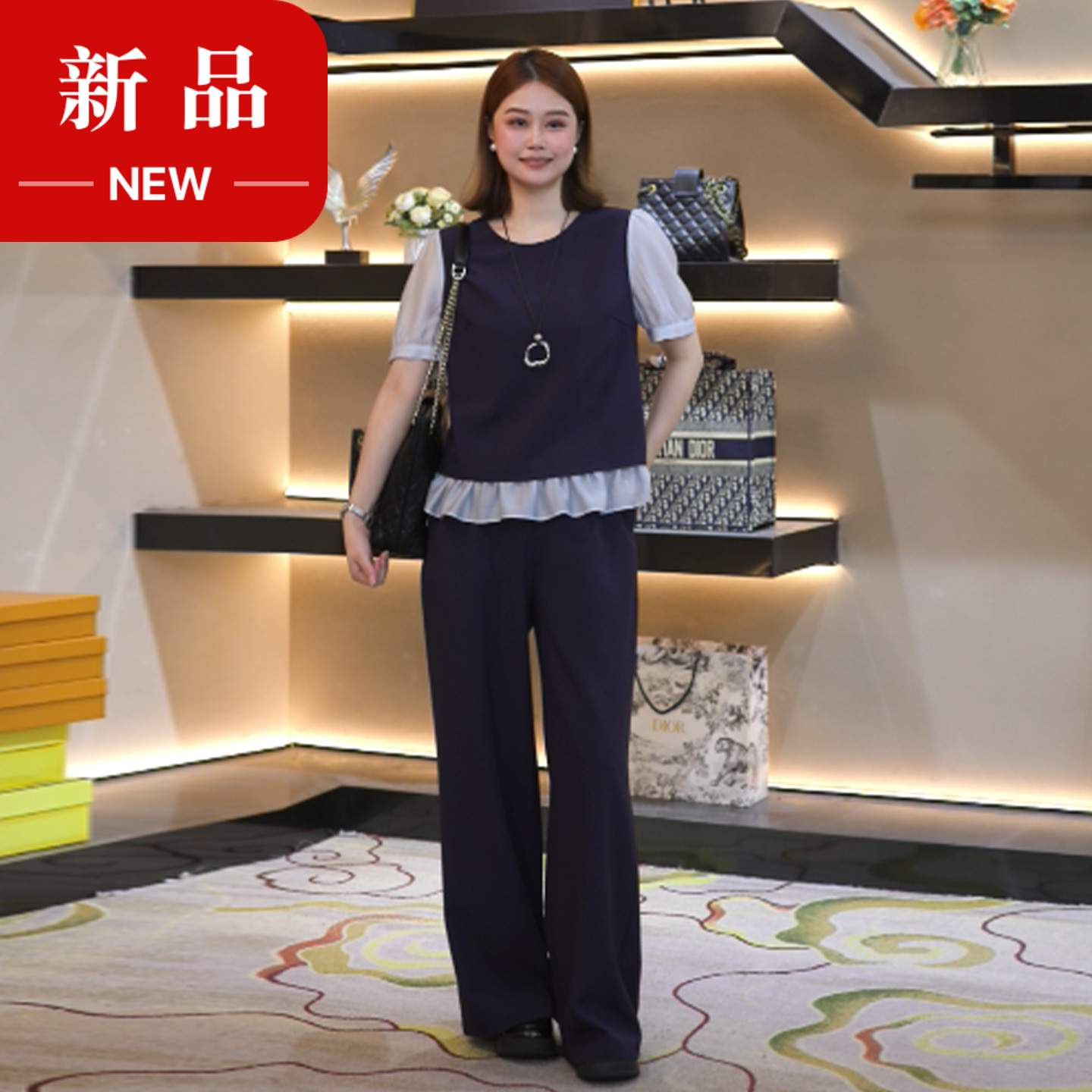 奢姿大码女装2026夏季减龄荷叶边拼接两件套胖妹妹半松紧时尚套装9962954659