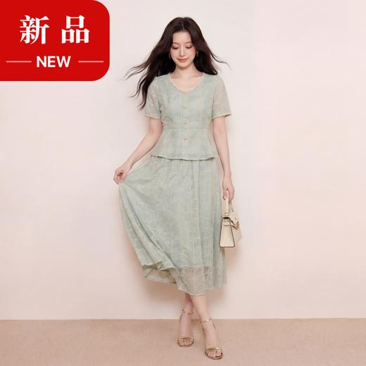 奢姿大码女装2026夏季减龄提花V领两件套胖妹妹花边名媛风套装9962954545 商品图0