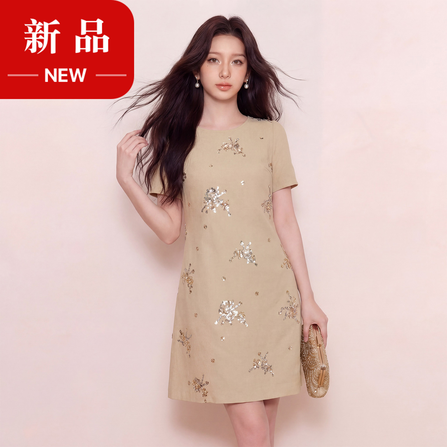 奢姿大码女装2026夏季胖妹妹时尚钻饰花朵圆领连衣裙气质减龄裙子9962860071