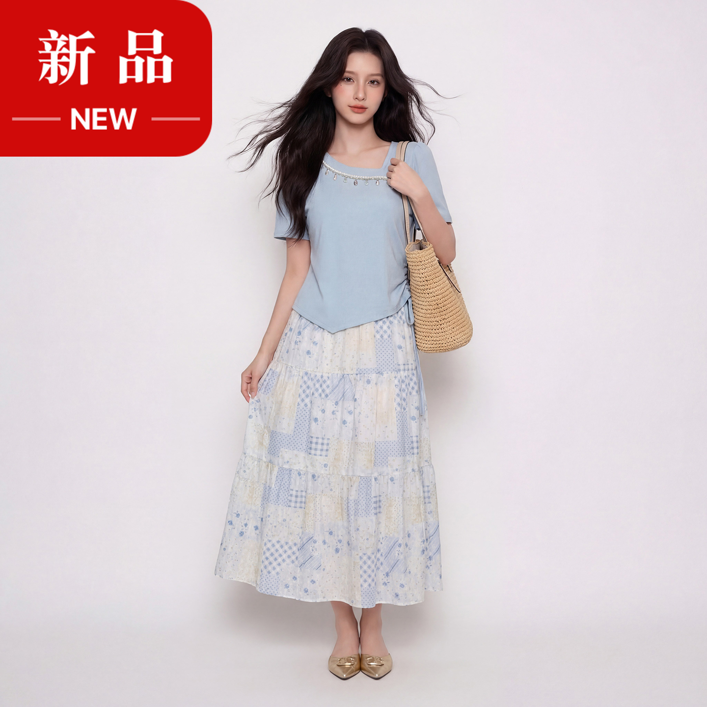 奢姿大码女装2026夏季抽绳减龄印花两件套胖妹妹斜领甜美时尚套装9962994566