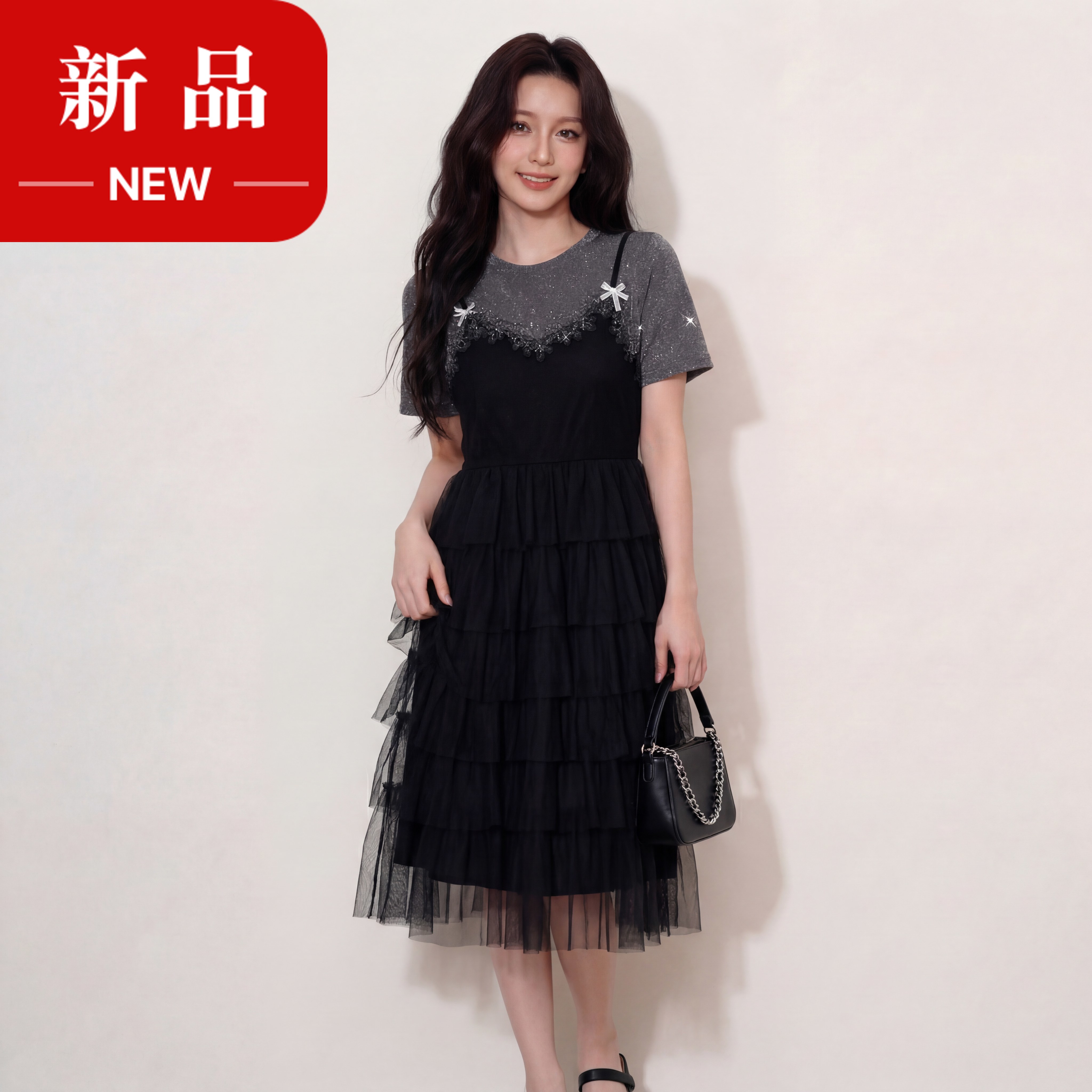 奢姿大码女装2026夏季假两件拼色网纱蛋糕裙胖妹妹遮肉气质长裙9962854701