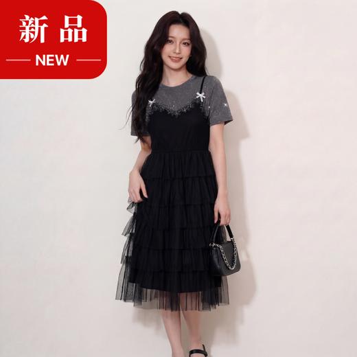 奢姿大码女装2026夏季假两件拼色网纱蛋糕裙胖妹妹遮肉气质长裙9962854701 商品图0