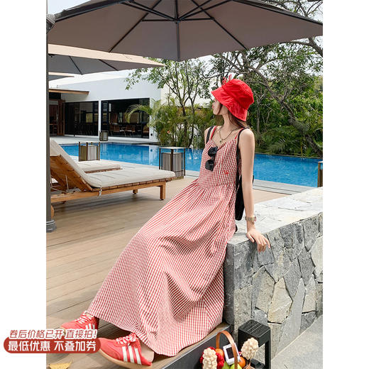 <曾小咸推荐>4.7现货秒杀！法式复古红色格子吊带连衣裙 日常199.99 立减110 秒杀89.99！ 商品图0