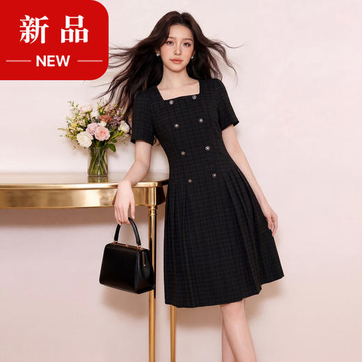 奢姿大码女装2026夏季方领格子双排扣连衣裙胖妹妹遮肉气质短裙3262803827 商品图0