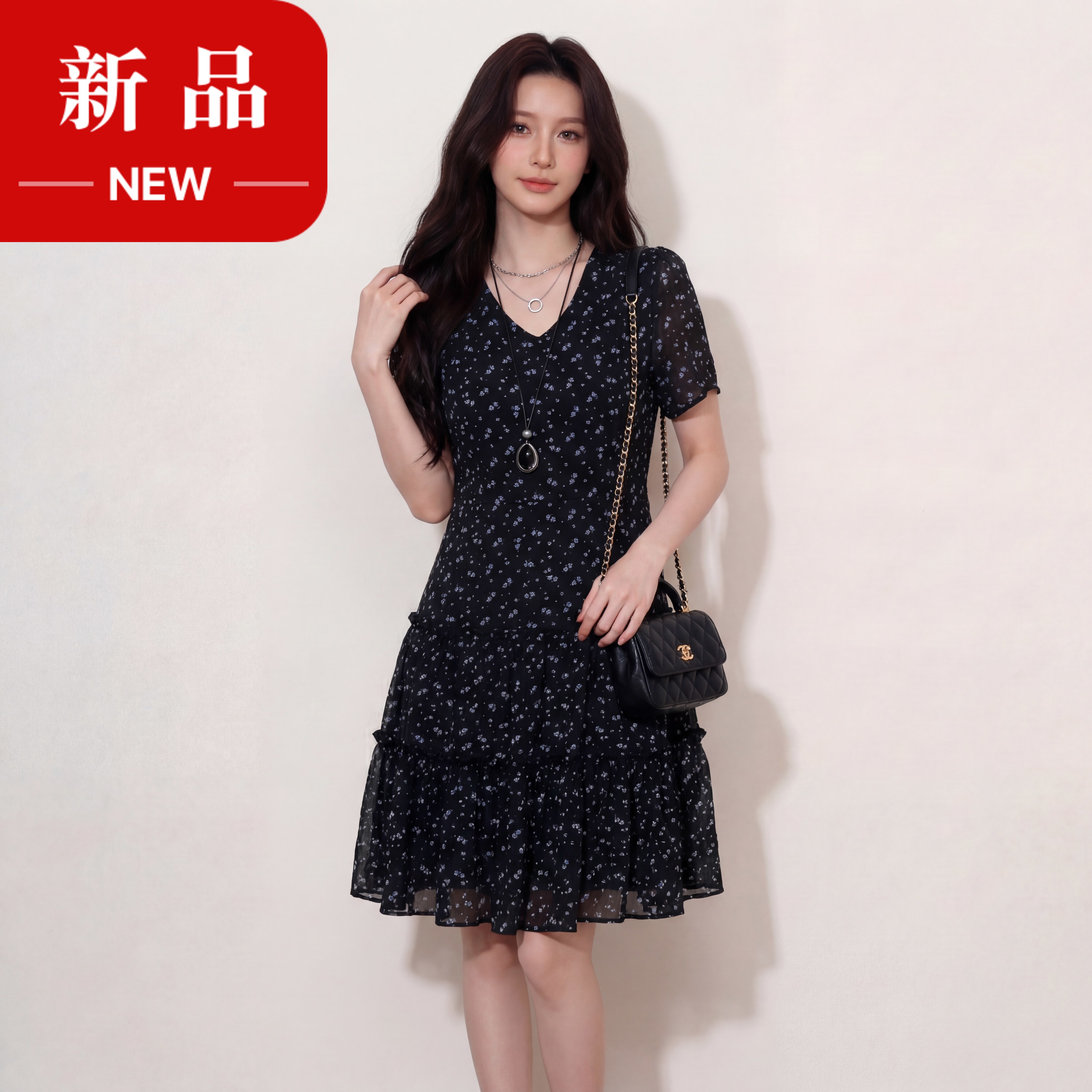 【奢姿】大码女装2026夏季减龄荷叶边V领连衣裙胖妹妹碎花蛋糕裙子9962860113