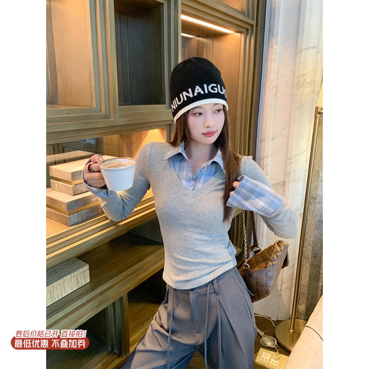 <曾小咸推荐> 现货秒杀！微信超特价！灰色格子翻领t恤假两件 日常159.99 立减90 秒杀69.99！ 商品图0