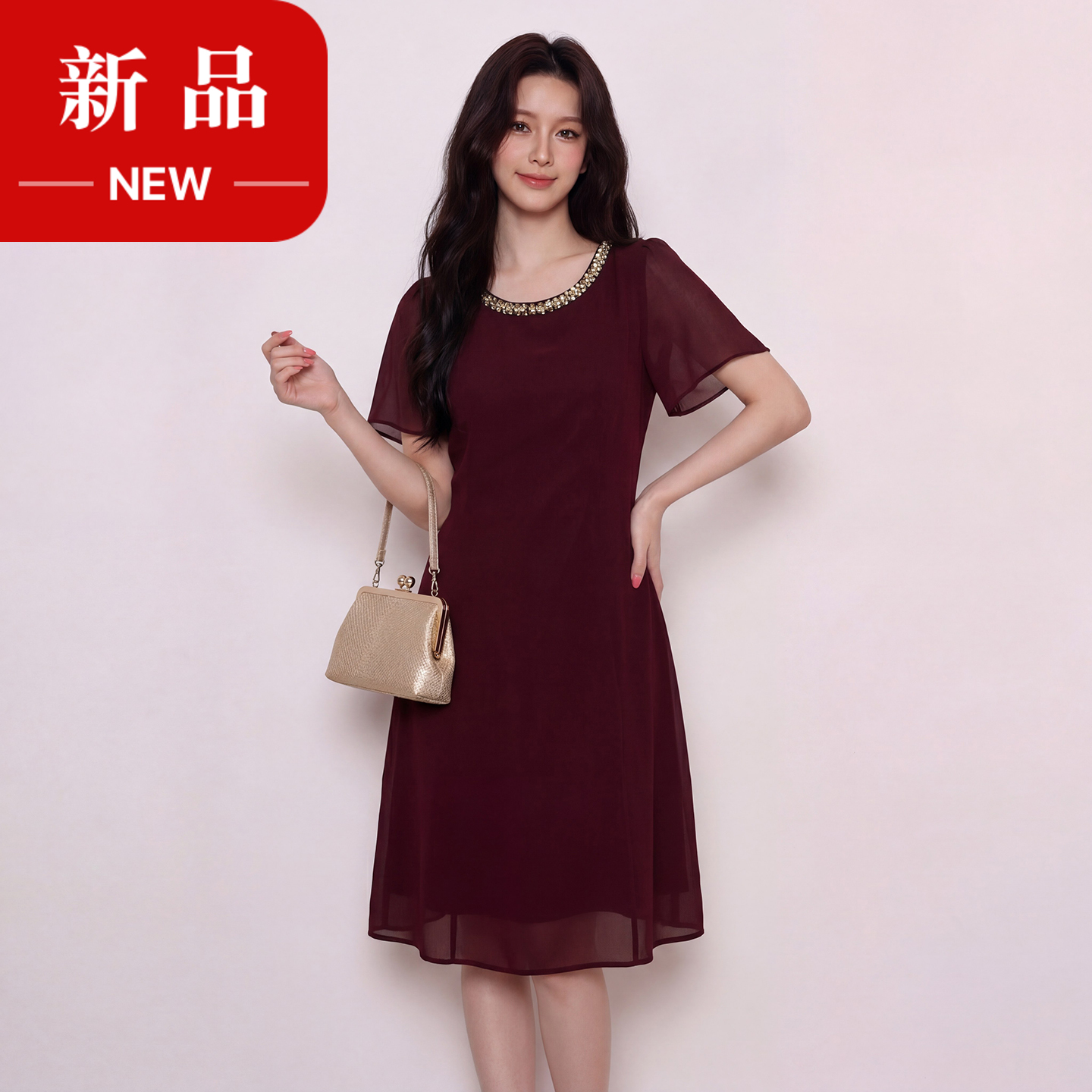 奢姿大码女装2026夏季烫钻圆领雪纺连衣裙胖妹妹遮肉减龄A字裙9962892433