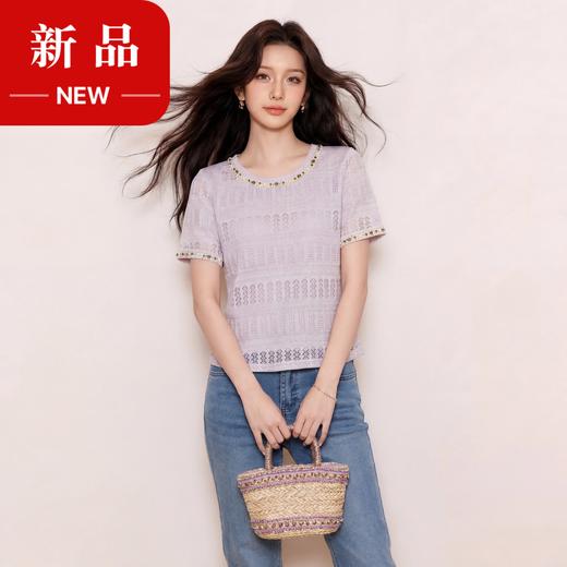 奢姿大码女装2026夏季钉珠花边减龄针织衫胖妹妹镂空圆领时尚上衣9962260089 商品图0