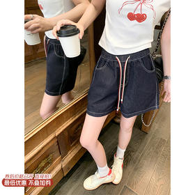 【129元任选2件】现货！复古高腰靛蓝色系带牛仔短裤