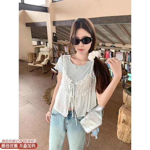 【129元任选2件】现货！叠穿蕾丝吊带短袖T 商品图0