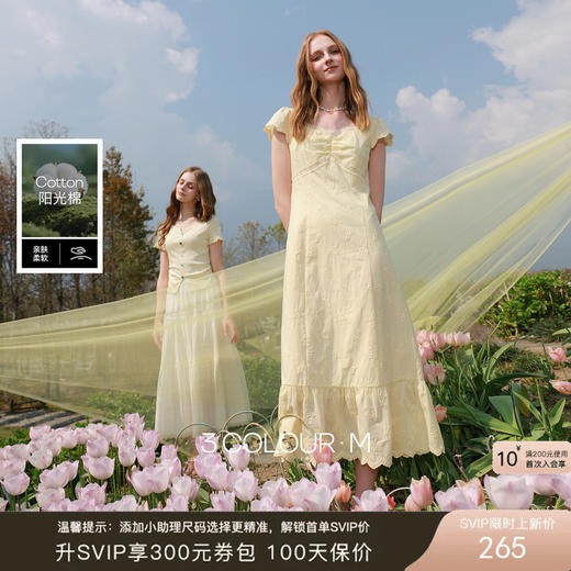 【100棉】三彩2026夏季新款刺绣连衣裙泡泡袖法式茶歇裙长裙M 商品图0