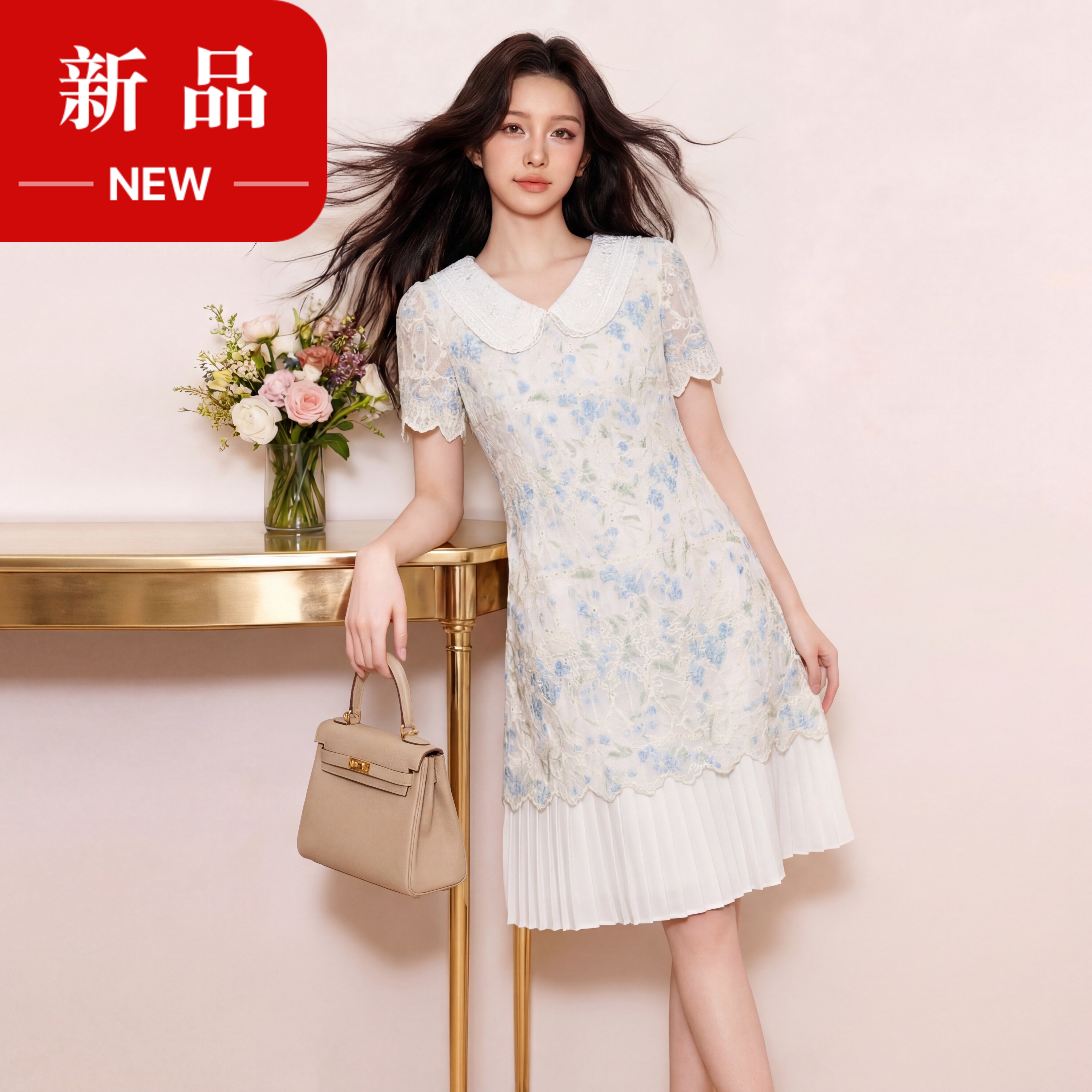 奢姿大码女装2026夏季减龄碎花娃娃领连衣裙胖妹妹百褶下摆裙子9962894510