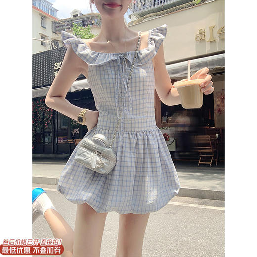 <曾小咸推荐>现货秒杀！卖完不补 ！微信打折价！蓝色格纹木耳边花苞连衣裙 日常199.99 立减100 秒杀99.99！ 商品图0