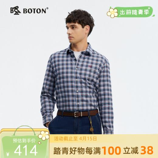 波顿男士春秋长袖格子衬衫高端合身美式休闲纯棉衬衣MS092125 商品图0