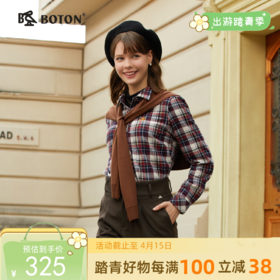 波顿秋冬季长袖女士蓝红色格子衬衫高端美式休闲英伦衬衣LS022324