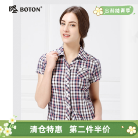 【第2件半价！尾货清仓不退换】波顿女式夏季_短袖格子衬衫修身衬衣LS393