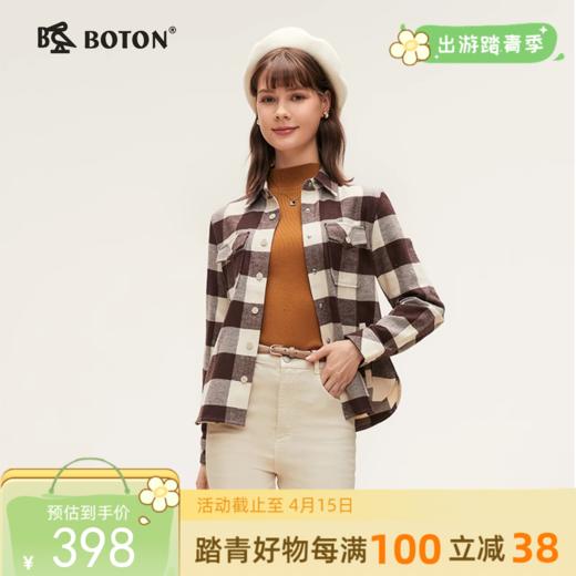 波顿女士三季 外套 磨毛格纹翻领 宽松柔暖轻搭衬衫型外套LSJ032324 商品图0