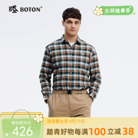 波顿男士春夏季格子衬衫长袖松绿白色美式休闲衬衣MS108125