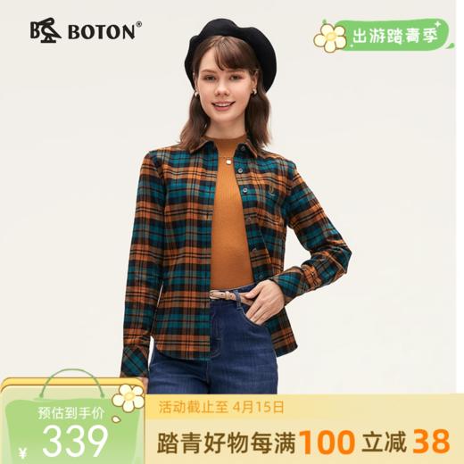 波顿秋冬季女士黄绿黑色格子衬衫高端美式休闲磨毛衬衣 商品图0