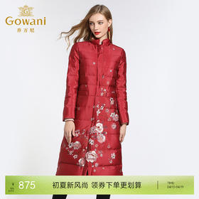 乔万尼羽绒服女复古名族风红色印花宽松立领保暖过膝长款EB4T087