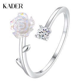 卡蒂罗KADER 白玫瑰物语女戒  925银纯白山茶花温柔优雅浪漫简约时尚可调节单戒一只 满钻镶嵌璀璨闪耀配饰