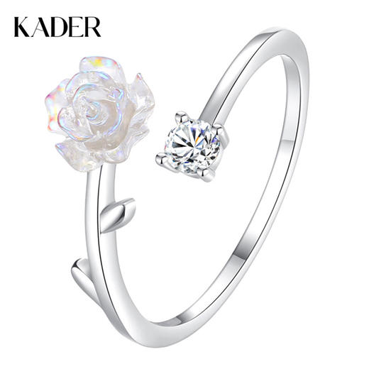 卡蒂罗KADER 白玫瑰物语女戒  925银纯白山茶花温柔优雅浪漫简约时尚可调节单戒一只 满钻镶嵌璀璨闪耀配饰 商品图0