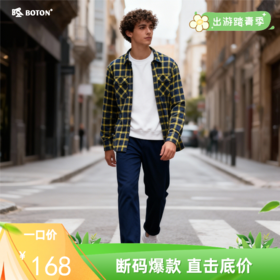 波顿男士秋冬季长袖黄蓝色格子衬衫加厚羊羔绒底保暖衬衣外套MS612122