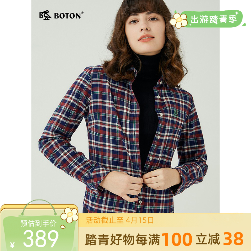 波顿春秋女士长袖红蓝色格子衬衫美式休闲高端衬衣LS996323