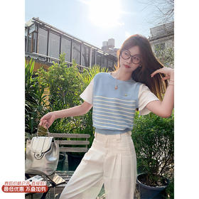 <曾小咸推荐>4.7现货秒杀 ！微信超特价！针织条纹拼接短袖T恤 日常129.99 立减70 秒杀59.99！！