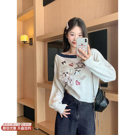 <曾小咸推荐>3.16现货秒杀 ！微信超特价！韩系小狗印花露肩针织衫 日常149.99 立减60 秒杀89.99！！